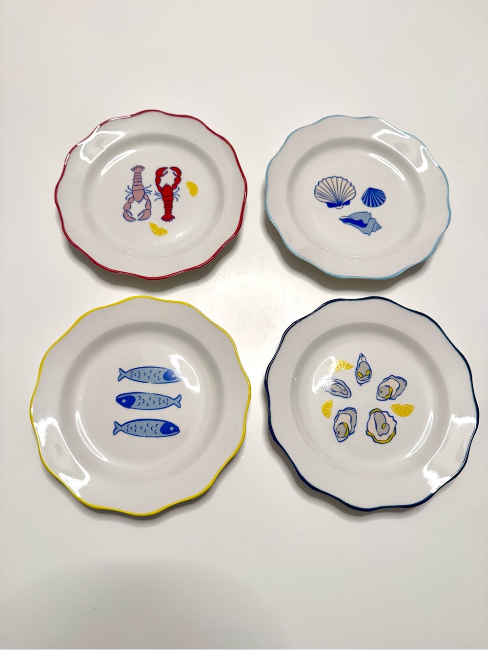 La Dolce Vita Set of 4 Nautical Coastal Appetizer Plates - Seafood Motifs, 6”